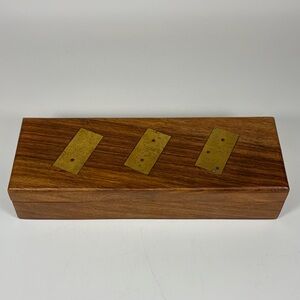 Vintage Wooden Domino Set Storage Box Wood with Brass Inlay Handcrafted 28 Piece
